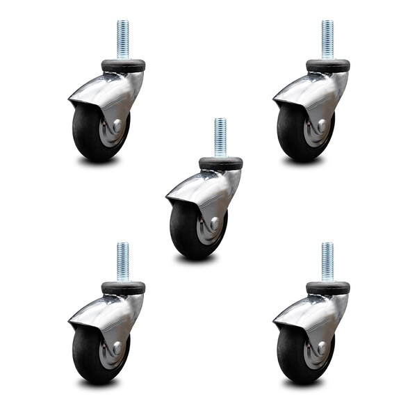 3 Inch Bright Chrome Hooded Neoprene Rubber 3/8 Inch Threaded Stem Casters, 5PK
